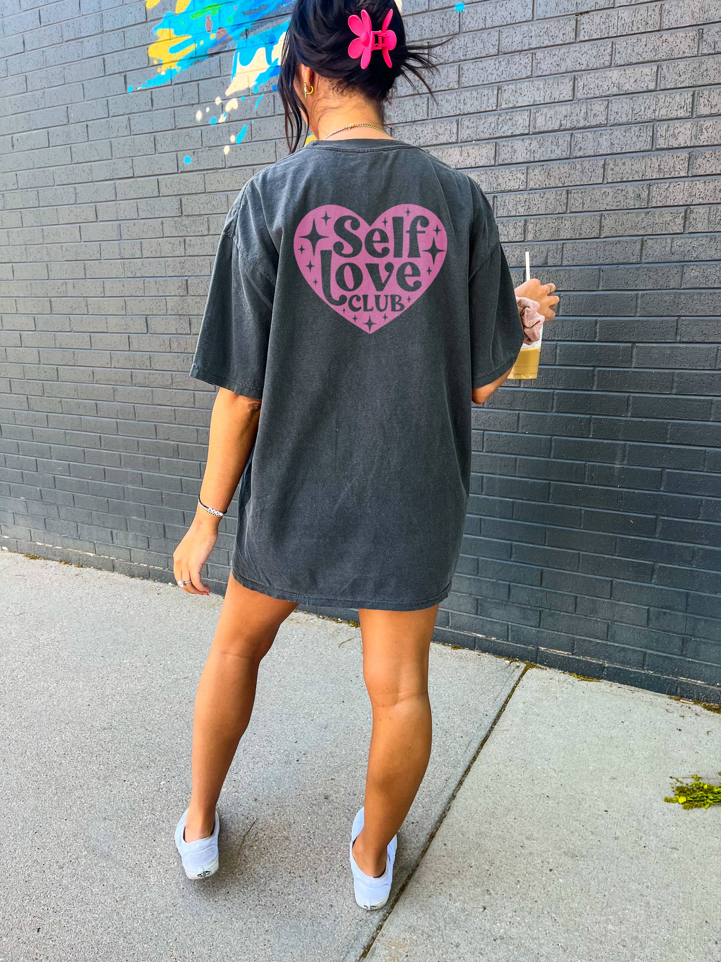 SELF LOVE PINK HEART TEE: Charcoal / Large / GILDAN HEAVY COTTON TEE